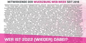 Teaserbild WueWW 2022 Veranstaltungstool freigeschalten. Zu sehen ist eine Liste aller Mitwirkenden seit 2018.